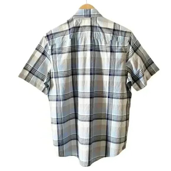 Tommy Hilfiger Mens Shirt Short Sleeve Button Down Cotton Blue Beige Plaid Small - Picture 2 of 15